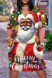 Red Santa Claus Print V Neck Short Sleeve Plus Size Straight Loose T Shirt Midi Dress with Pocket