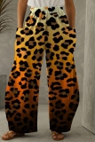 Grey Casual Leopard Print Contrast With Pocket Elastic High Waist Wide Straight Leg Loose Pants Trousers