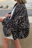 Casual Loose Leopard Print Zipper Collar Long Sleeve Fall Winter Jackets Coats Outerwear