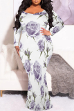 Green Casual Floral Print O Neck Long Sleeve Mermaid Hem Long Plus Size Evening Party Bodycon Maxi Dress