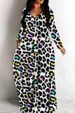 Rose Red Leopard Print V Neck Long Sleeve Floor Length Casual Outing Straight Loose Maxi Dress