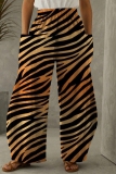 Grey Casual Leopard Print Contrast With Pocket Elastic High Waist Wide Straight Leg Loose Pants Trousers
