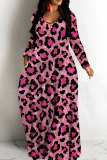 Rose Red Leopard Print V Neck Long Sleeve Floor Length Casual Outing Straight Loose Maxi Dress