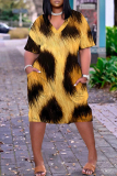 Brown Casual Leopard Print V Neck Short Sleeve Pockets Plus Size T-shirt Midi Dresses