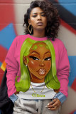 Pink Green Figure African Girl Print Round Neck Long Sleeve Fall Winter Fleece Sweatshirt Tops