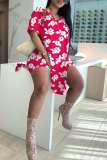 Pink Casual Butterfly Floral Print Slit V Neck Short Sleeve Long T-shirt and Shorts Two Pieces Matching Sets