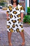 Brown Casual Leopard Print V Neck Short Sleeve Pockets Plus Size T-shirt Midi Dresses