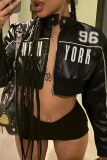 Black PU Leather Letter Print Zip-up Mandarin Collar Long Sleeve Fall Spring Short Motorcycle Jackets Coats