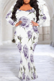 Green Casual Floral Print O Neck Long Sleeve Mermaid Hem Long Plus Size Evening Party Bodycon Maxi Dress
