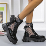 Black White Cross Straps Closed Ankle Boots Leather Lace Up Autumn Platform Female British Martin Boots