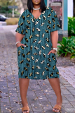 Denim Blue Casual Graphics Print V Neck Short Sleeve Pockets Plus Size T-shirt Midi Dresses