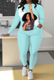 Light Blue Casual African Girl Print Round Neck Long Sleeve Sweatshirt and Pencil Sweatpants Fall Winter Two Pieces Sweatsuits Sets