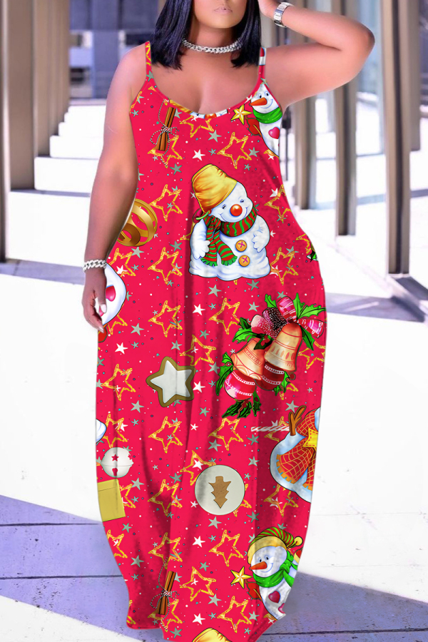 Watermelon Red Christmas Print Sleeveless Backless Spaghetti Strap Floor Length Vacation Baggy Sundress Slip Maxi Dress