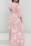 Blue Boho Floral Butterfly Print Deep V Neck 3/4 Sleeve Strap Design Belted Floor Length Plus Size Vacation Loose A Line Maxi Dress