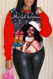 Red Blue Christmas Hat African Girl Print Round Neck Long Sleeve Fall Winter Fleece-lined Sweatshirt Tops