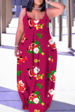 Watermelon Red Christmas Print Sleeveless Backless Spaghetti Strap Floor Length Vacation Baggy Sundress Slip Maxi Dress
