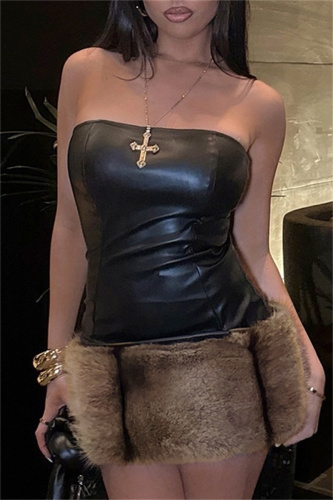 Black Casual Sleeveless Backless Strapless Wrapped Skirt Party Club Wear Faux Leather Corset with Furry Bodycon Mini Tube Dresses