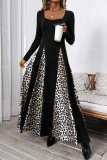 Black Square Neck Long Sleeve Flared Hem with Leopard Print Panels A-line Formal Evening Pleated Flowy Maxi Dress
