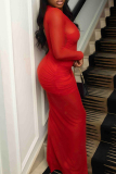 Red O Neck Long Sleeve High Slit Mesh Formal Evening Party Prom Long Bodycon Maxi Dresses
