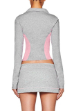 Grey Casual Bodycorn Draw String Contrast V Neck Polo Collar Long Sleeve Tops and Mini Skirts wo Pieces Dress Sets