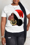 White Blue Christmas Hat Casual African Girl Print Round Neck Short Sleeve T-Shirts Tops