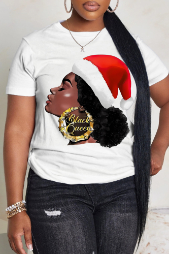 White Blue Christmas Hat Casual African Girl Print Round Neck Short Sleeve T-Shirts Tops