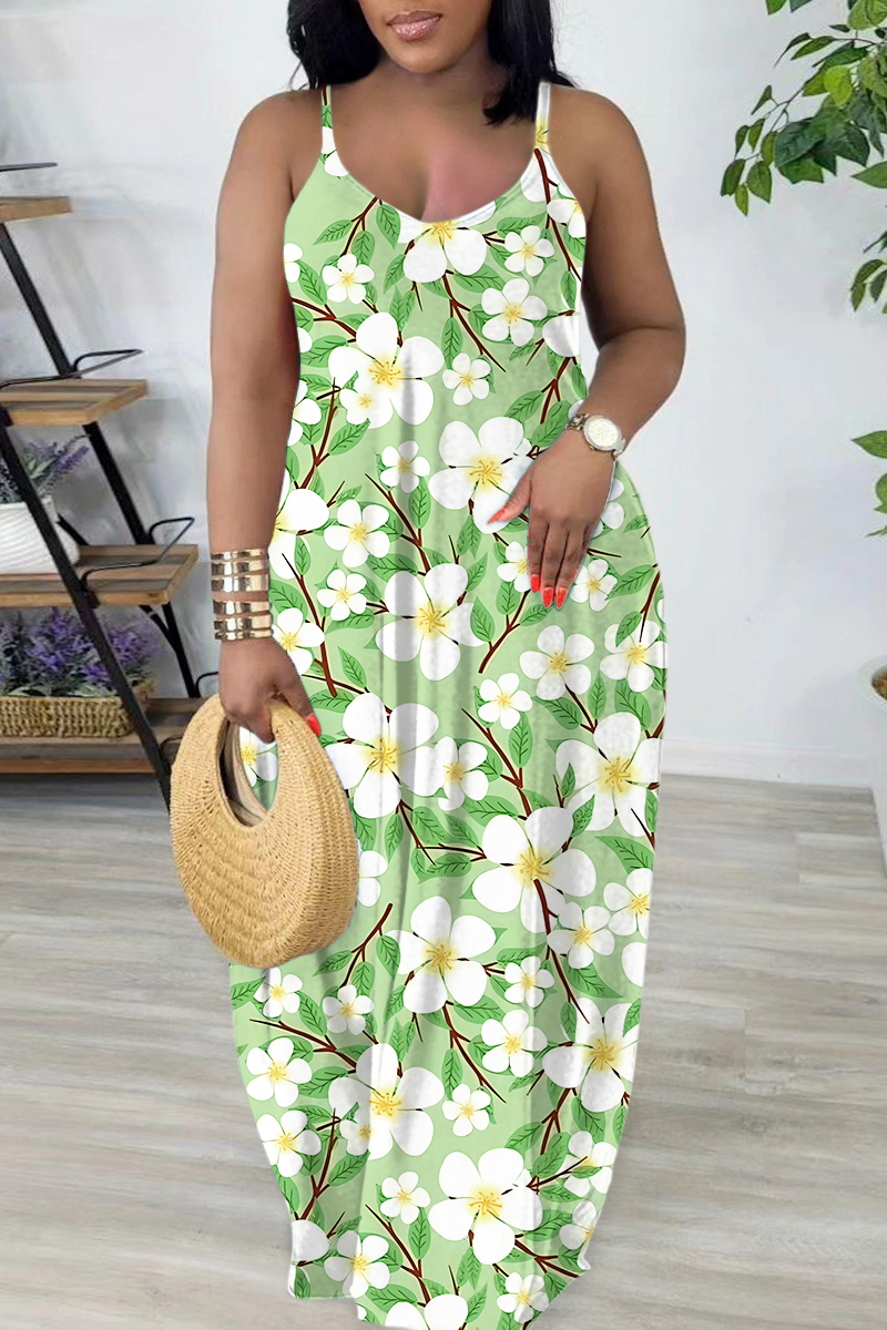 Sunday Blues Irregular Lines Print Suspender Vacation Loose Maxi Dress