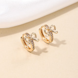 Golden Alloy Daily Bow Rhinestone Decor Hoop Earrings