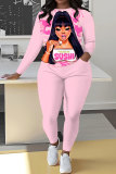 Light Blue Casual African Girl Print Round Neck Long Sleeve Sweatshirt and Pencil Sweatpants Fall Winter Two Pieces Sweatsuits Sets