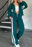 Black Stripe Contrast Sportwear Zip-up Stand Collar Long Sleeve Jacket and Straight Leg Sweatpants Fall Winter Two Pieces Sweatsuit Sets