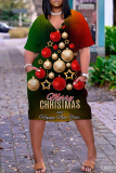 Dark Gray Christmas Grinch Outfit V Neck Short Sleeve Long Plus Size Casual Outing Straight Loose Midi Dress with Pocket