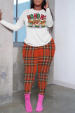 White Brown Christmas Letter Plaid Print Round Neck Long Sleeve Sweatshirt and Pencil Sweatpants Fall Winter Two Pieces Sweatsuits Sets