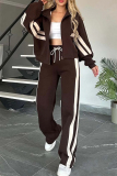 Black Stripe Contrast Sportwear Zip-up Stand Collar Long Sleeve Jacket and Straight Leg Sweatpants Fall Winter Two Pieces Sweatsuit Sets