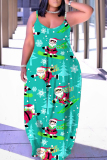 Watermelon Red Christmas Print Sleeveless Backless Spaghetti Strap Floor Length Vacation Baggy Sundress Slip Maxi Dress