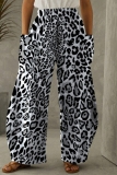 Grey Casual Leopard Print Contrast With Pocket Elastic High Waist Wide Straight Leg Loose Pants Trousers