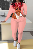 Light Blue Casual African Girl Print Round Neck Long Sleeve Sweatshirt and Pencil Sweatpants Fall Winter Two Pieces Sweatsuits Sets
