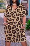 Brown Casual Leopard Print V Neck Short Sleeve Pockets Plus Size T-shirt Midi Dresses