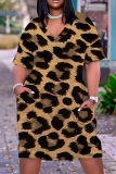 Brown Casual Leopard Print V Neck Short Sleeve Pockets Plus Size T-shirt Midi Dresses
