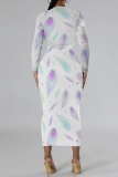 Gray Pink Graphic Letter Print O Neck Long Sleeve Casual Outing Bodycon Pencil Maxi Dress