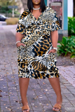 Brown Casual Leopard Print V Neck Short Sleeve Pockets Plus Size T-shirt Midi Dresses