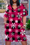 Red Green Plaid Snowflake Santa Claus Christmas Tree Print V Neck Short Sleeve Plus Size Straight Loose Midi Dress with Pocket