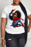 White Blue Christmas Hat Casual African Girl Print Round Neck Short Sleeve T-Shirts Tops
