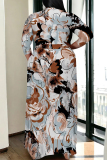 Lake Blue Floral Print Colorblock V Neck 3/4 Sleeve Lace Up Summer Outings Vacation Plus Size Flowy Loose Maxi Dress