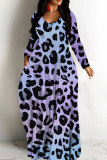 Dark Brown Leopard Print V Neck Long Sleeve Floor Length Casual Outing Straight Loose Maxi Dress