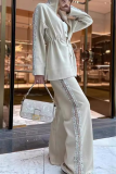 White Loose Casual Sequins Draw String Zipper Mandarin Collar Long Sleeve Jackets and Wide Leg Pants Fall Winter Two Pieces Sets