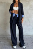 Black Blue Office Lady Casual Stripe Lapel Turn-back Collar Long Sleeve Blazer and Wide Leg Pants Two Pieces Suits Sets