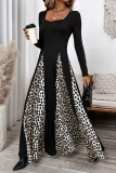 Black Square Neck Long Sleeve Flared Hem with Leopard Print Panels A-line Formal Evening Pleated Flowy Maxi Dress