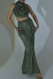 Green Skinny Party Club Formal Elegant Ruched Round Neck Vest and Maxi Wrap Skirts Two Pieces Dress Sets