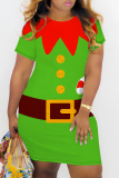 Dark Red Christmas Print O Neck Short Sleeve Wrapped Skirt Short Sleeve Casual Outing Bodycon Mini T-shirt Dress