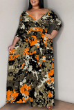 Lake Blue Floral Print Colorblock V Neck 3/4 Sleeve Lace Up Summer Outings Vacation Plus Size Flowy Loose Maxi Dress
